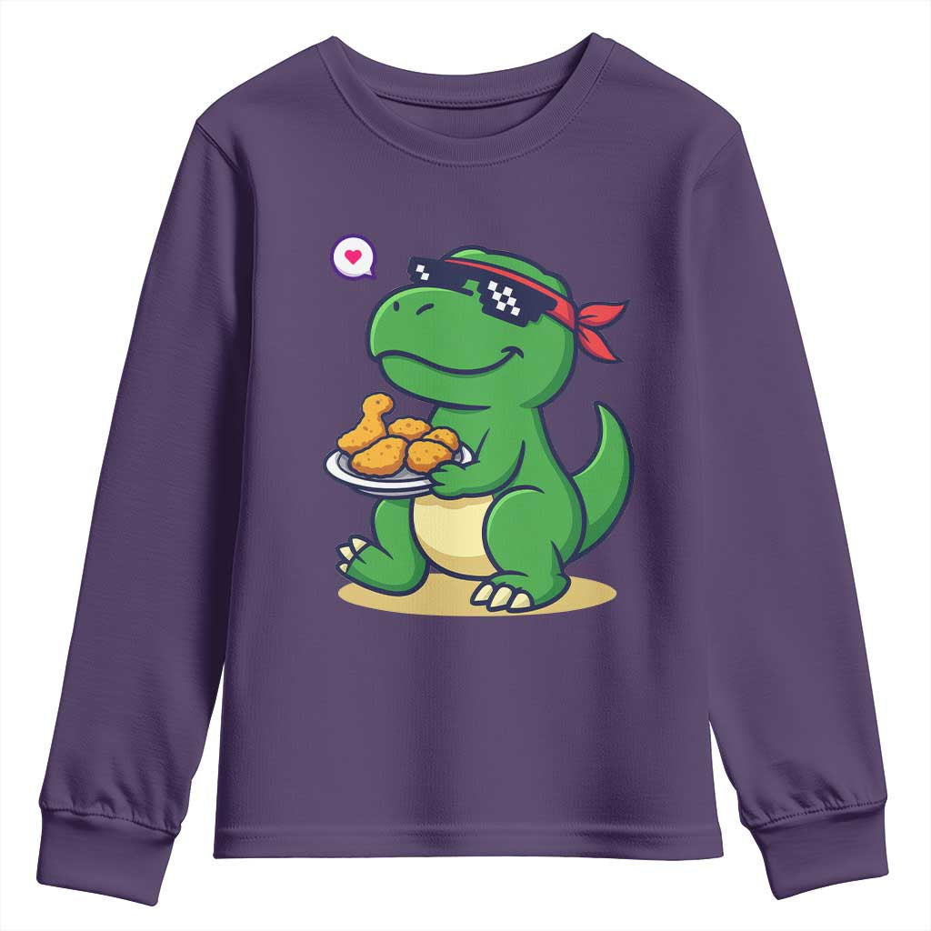 Cute Dinosaur Eating Chicken Nuggets Youth Sweatshirt Food Humor Gift - Wonder Print Shop