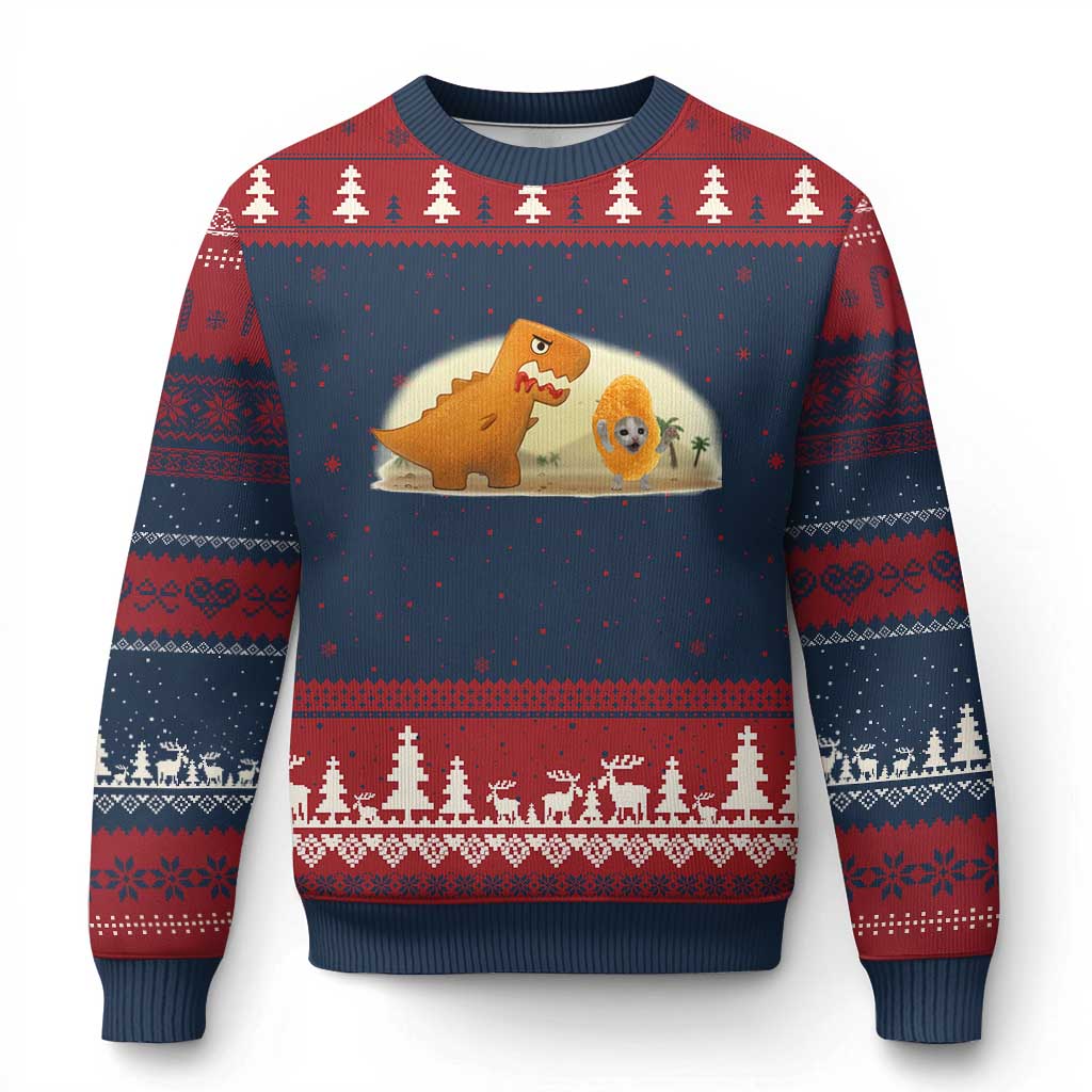 Dino Nuggets Chasing Cat Ugly Christmas Sweater Funny Nugget Lover Gift - Wonder Print Shop