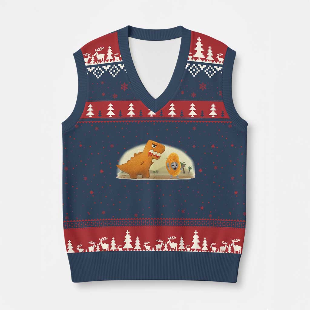 Dino Nuggets Chasing Cat V-Neck Knit Sweater Vest Funny Nugget Lover Gift - Wonder Print Shop
