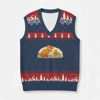 Dino Nuggets Chasing Cat V-Neck Knit Sweater Vest Funny Nugget Lover Gift - Wonder Print Shop