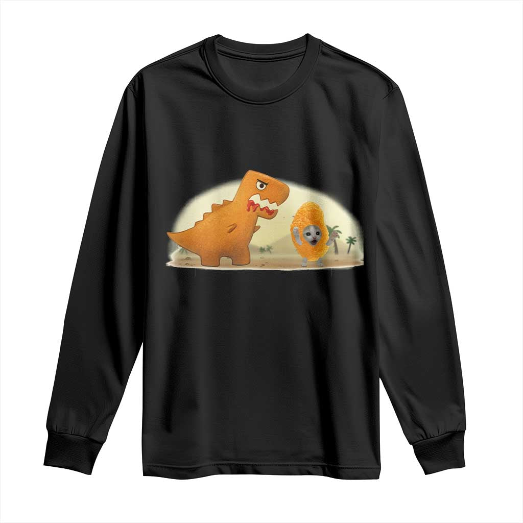 Dino Nuggets Chasing Cat Long Sleeve Shirt Funny Nugget Lover Gift - Wonder Print Shop