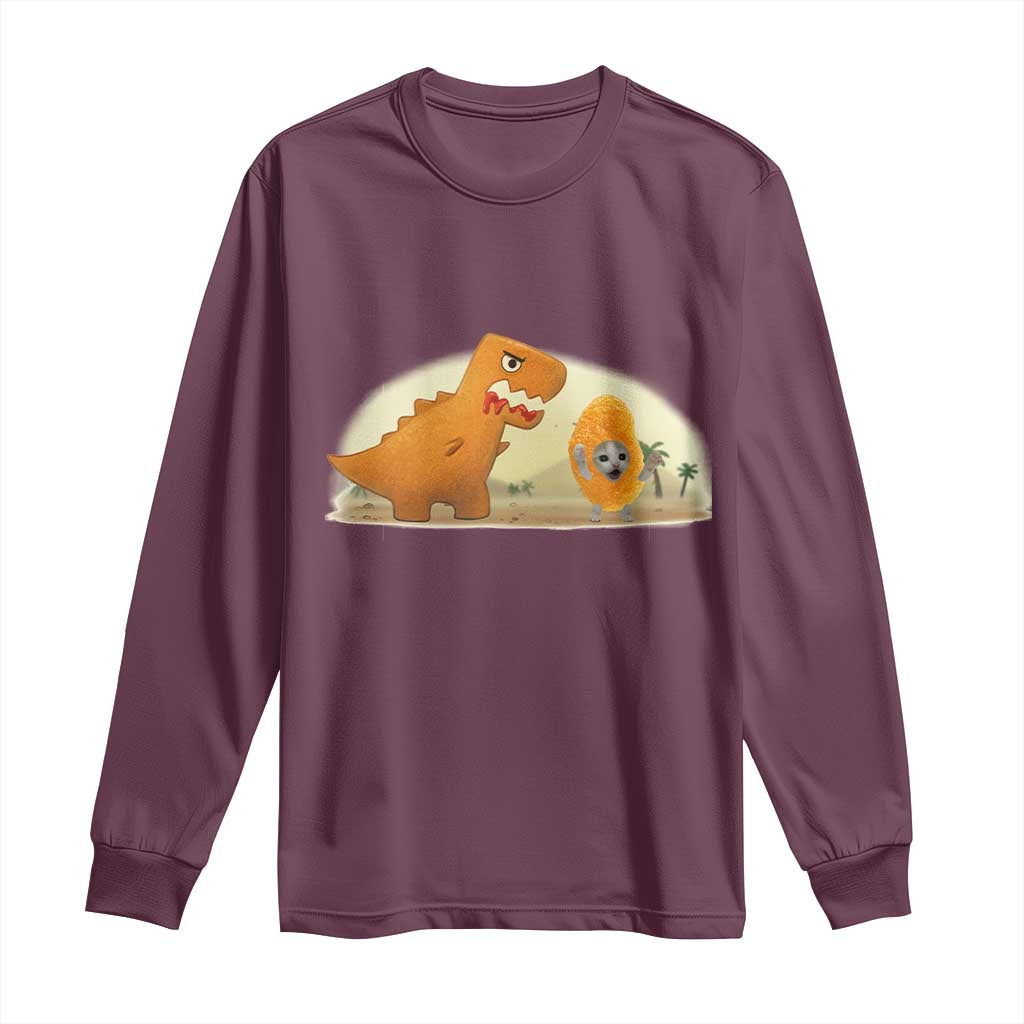 Dino Nuggets Chasing Cat Long Sleeve Shirt Funny Nugget Lover Gift - Wonder Print Shop