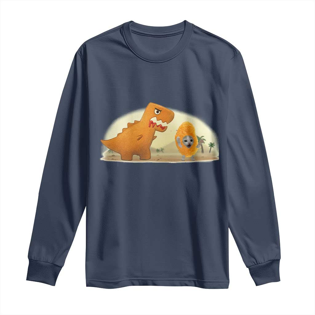 Dino Nuggets Chasing Cat Long Sleeve Shirt Funny Nugget Lover Gift - Wonder Print Shop