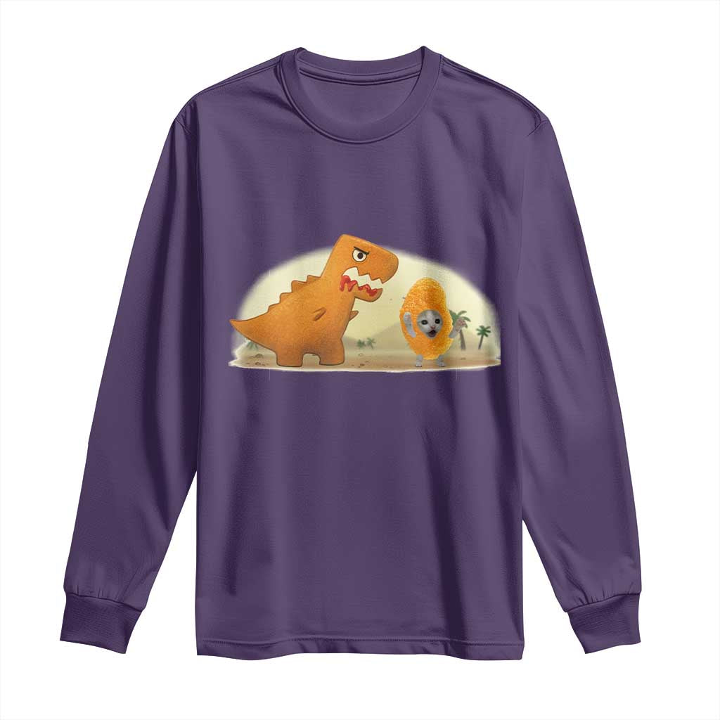 Dino Nuggets Chasing Cat Long Sleeve Shirt Funny Nugget Lover Gift - Wonder Print Shop