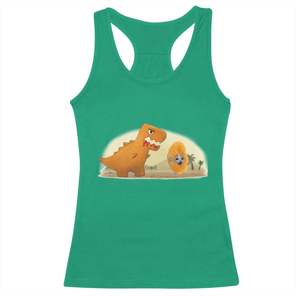 Dino Nuggets Chasing Cat Racerback Tank Top Funny Nugget Lover Gift - Wonder Print Shop