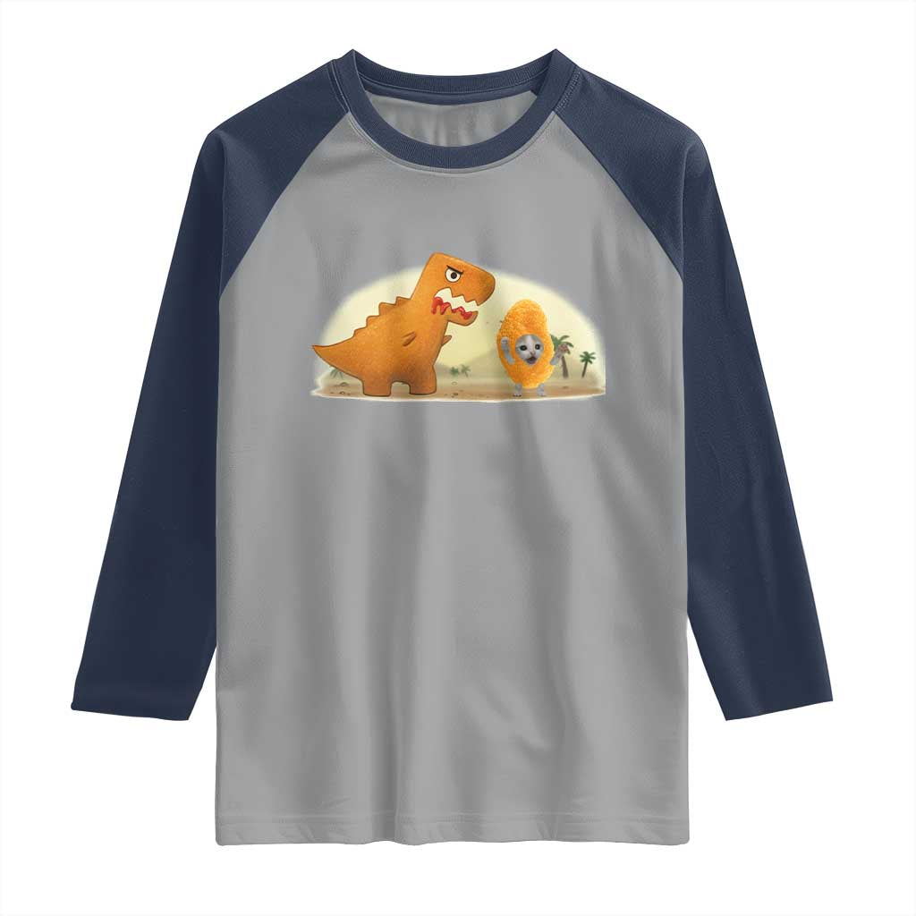 Dino Nuggets Chasing Cat Raglan Shirt Funny Nugget Lover Gift - Wonder Print Shop