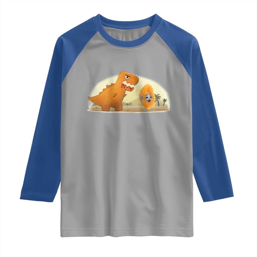 Dino Nuggets Chasing Cat Raglan Shirt Funny Nugget Lover Gift - Wonder Print Shop