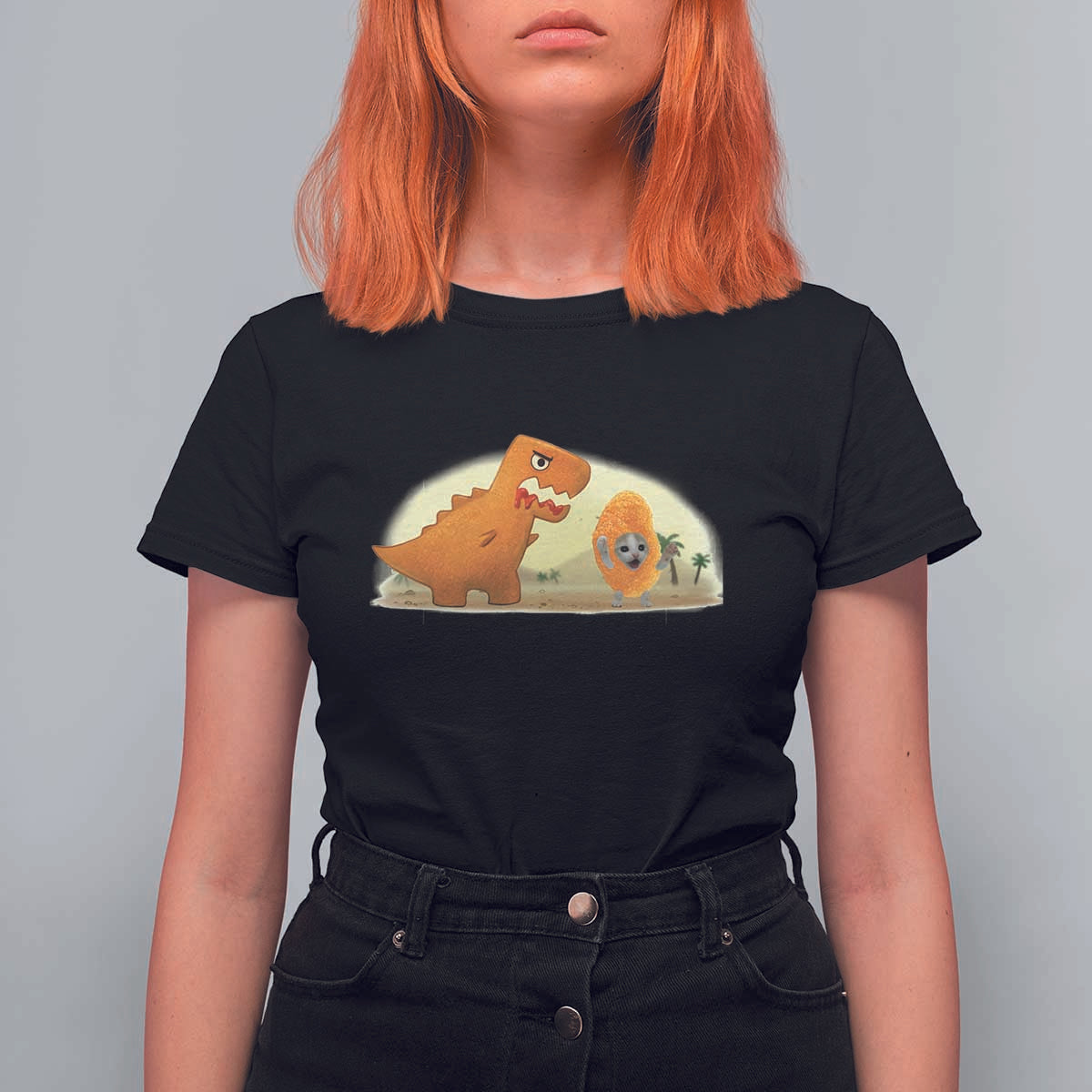 Dino Nuggets Chasing Cat T Shirt For Women Funny Nugget Lover Gift - Wonder Print Shop