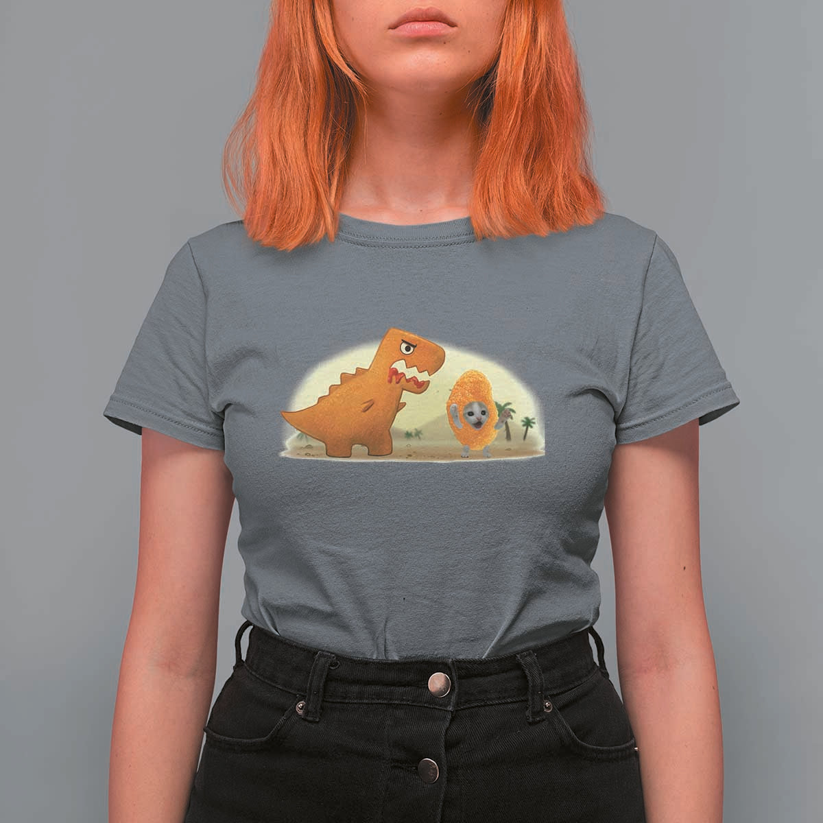 Dino Nuggets Chasing Cat T Shirt For Women Funny Nugget Lover Gift - Wonder Print Shop