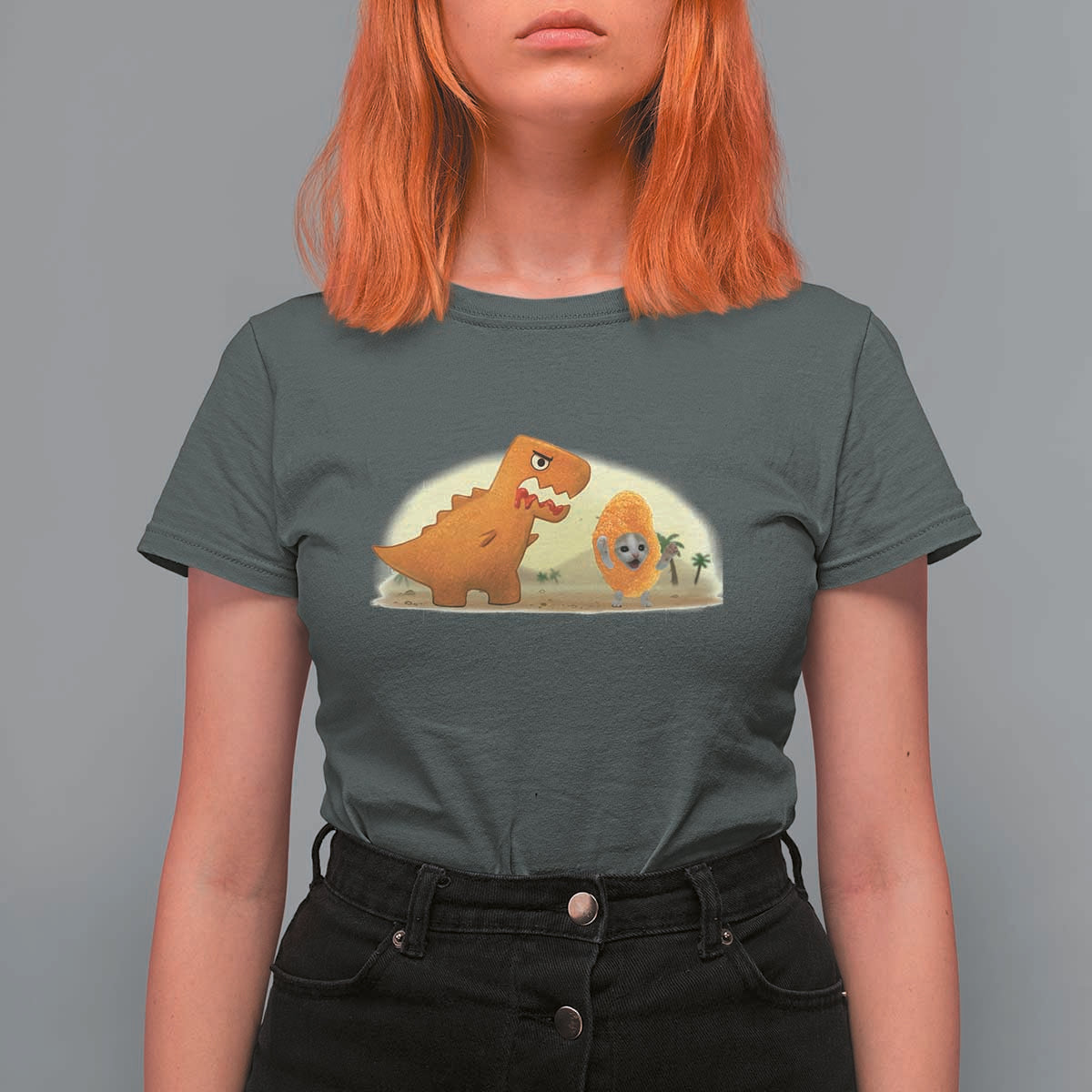 Dino Nuggets Chasing Cat T Shirt For Women Funny Nugget Lover Gift - Wonder Print Shop