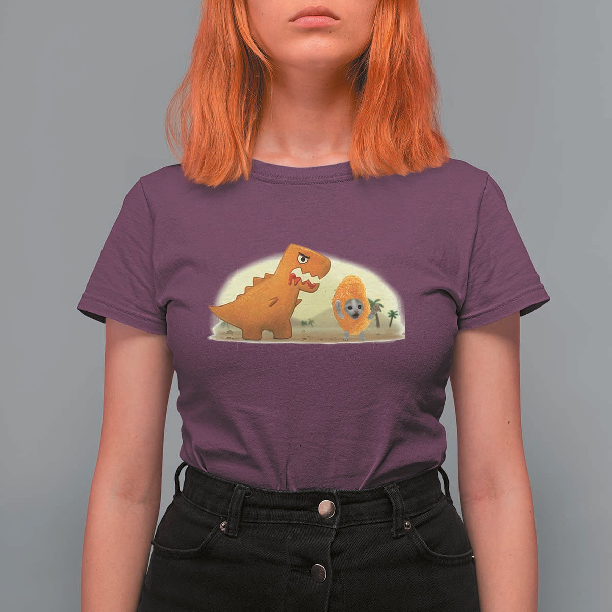 Dino Nuggets Chasing Cat T Shirt For Women Funny Nugget Lover Gift - Wonder Print Shop