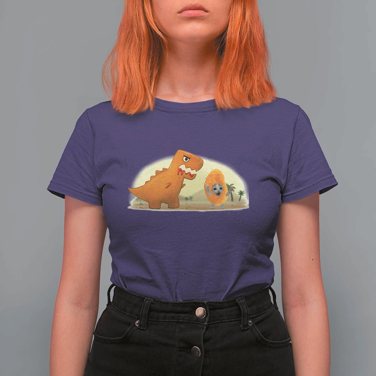 Dino Nuggets Chasing Cat T Shirt For Women Funny Nugget Lover Gift - Wonder Print Shop