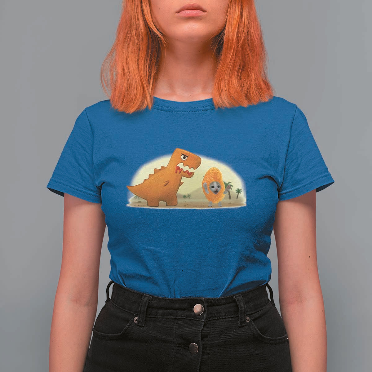 Dino Nuggets Chasing Cat T Shirt For Women Funny Nugget Lover Gift - Wonder Print Shop