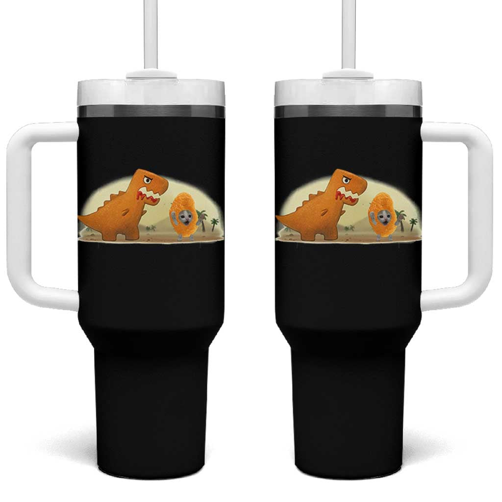 Dino Nuggets Chasing Cat Tumbler With Handle Funny Nugget Lover Gift