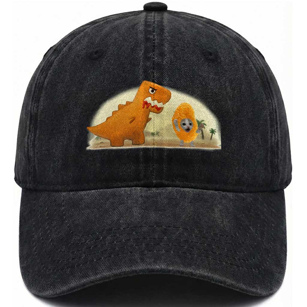 Dino Nuggets Chasing Cat Washed Cotton Baseball Cap Funny Nugget Lover Gift