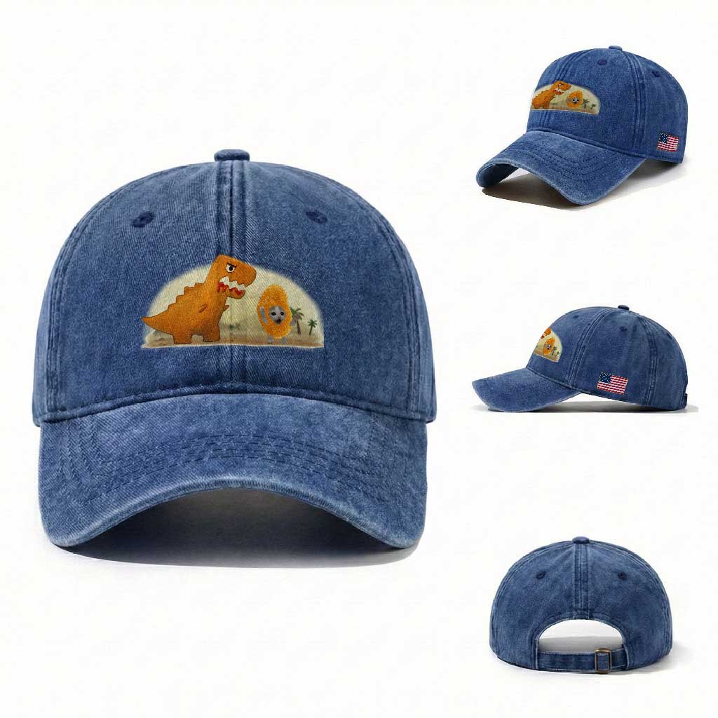 Dino Nuggets Chasing Cat Washed Cotton Baseball Cap Funny Nugget Lover Gift