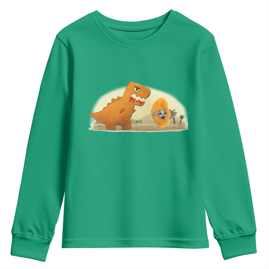 Dino Nuggets Chasing Cat Youth Sweatshirt Funny Nugget Lover Gift - Wonder Print Shop