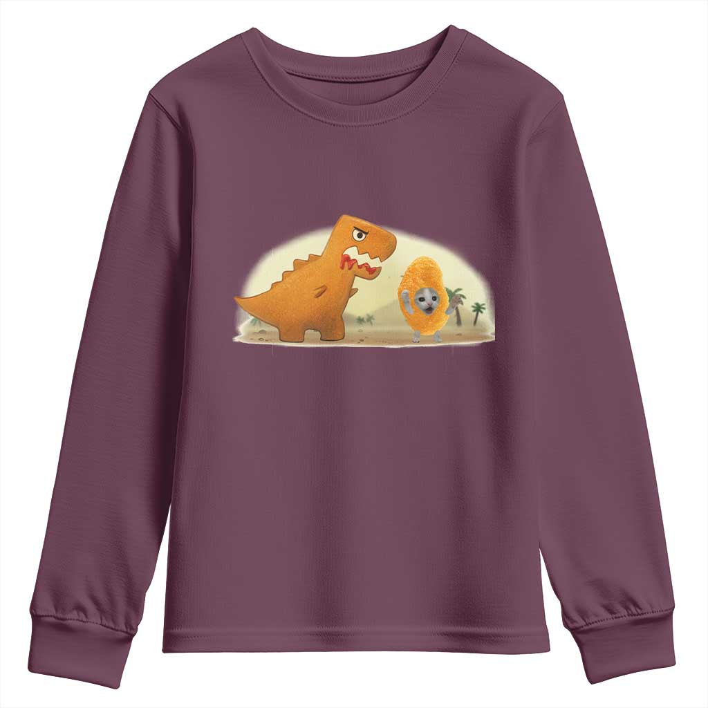 Dino Nuggets Chasing Cat Youth Sweatshirt Funny Nugget Lover Gift - Wonder Print Shop