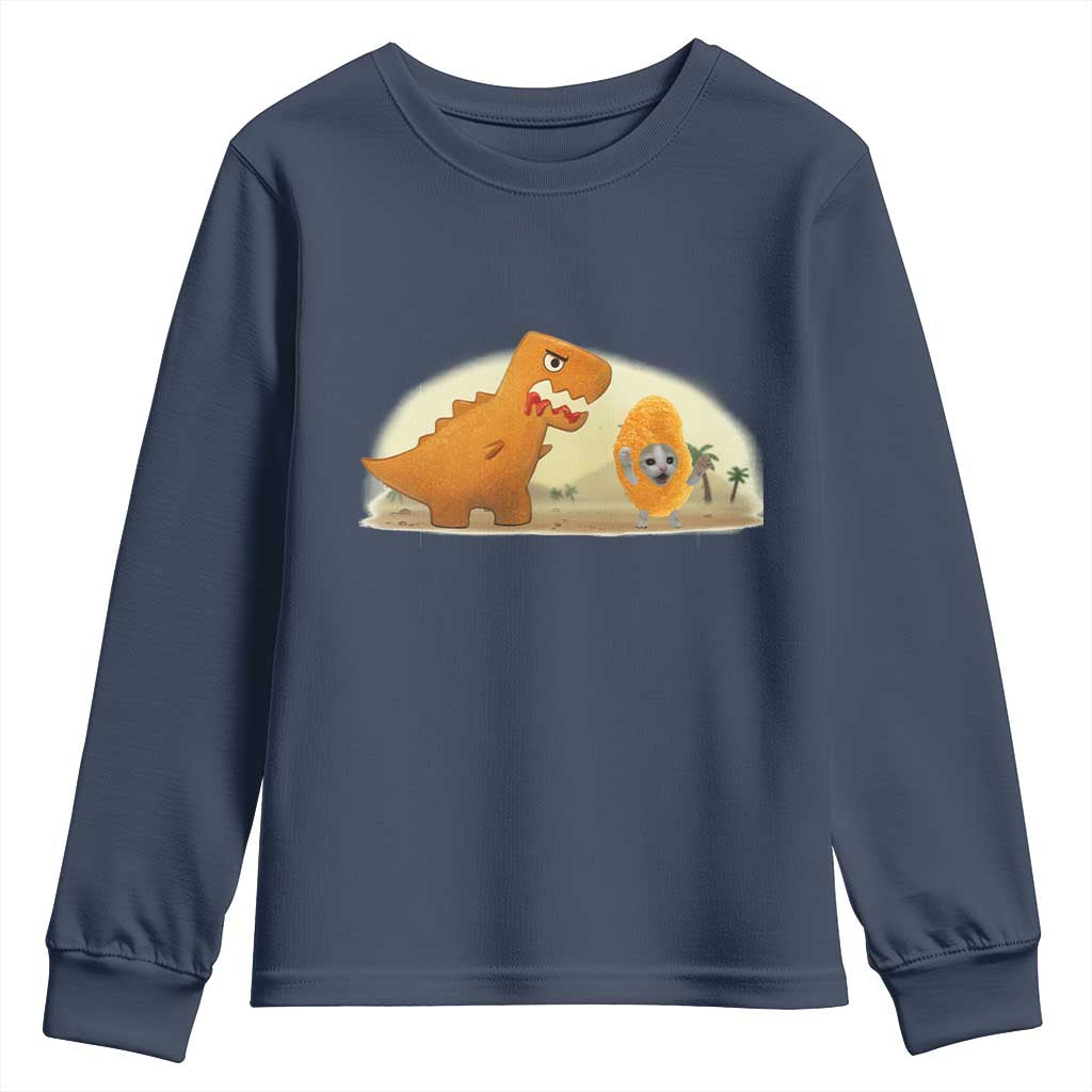 Dino Nuggets Chasing Cat Youth Sweatshirt Funny Nugget Lover Gift - Wonder Print Shop