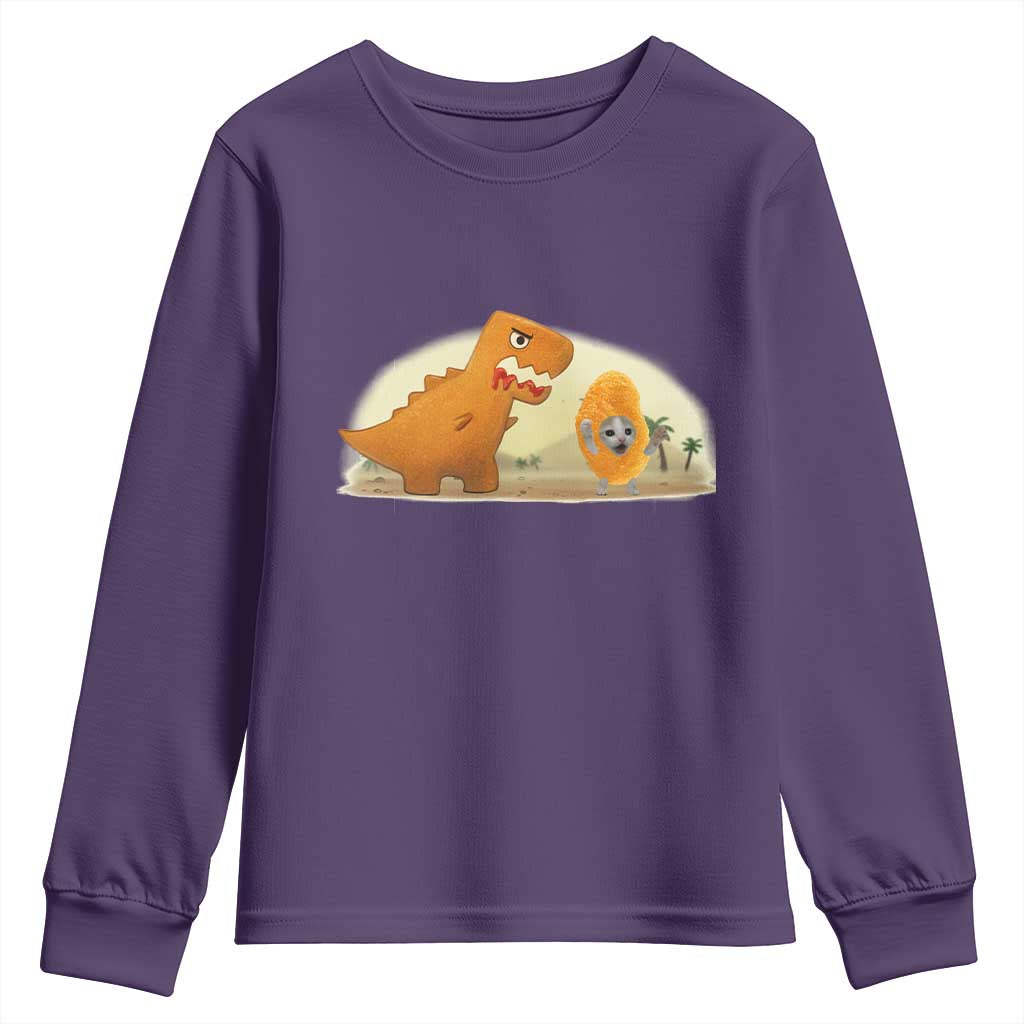 Dino Nuggets Chasing Cat Youth Sweatshirt Funny Nugget Lover Gift - Wonder Print Shop