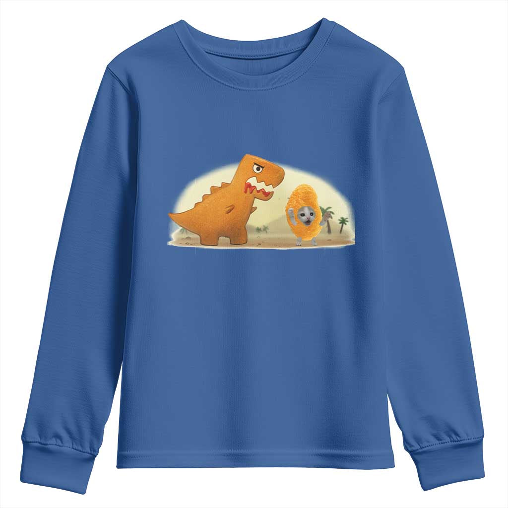 Dino Nuggets Chasing Cat Youth Sweatshirt Funny Nugget Lover Gift - Wonder Print Shop