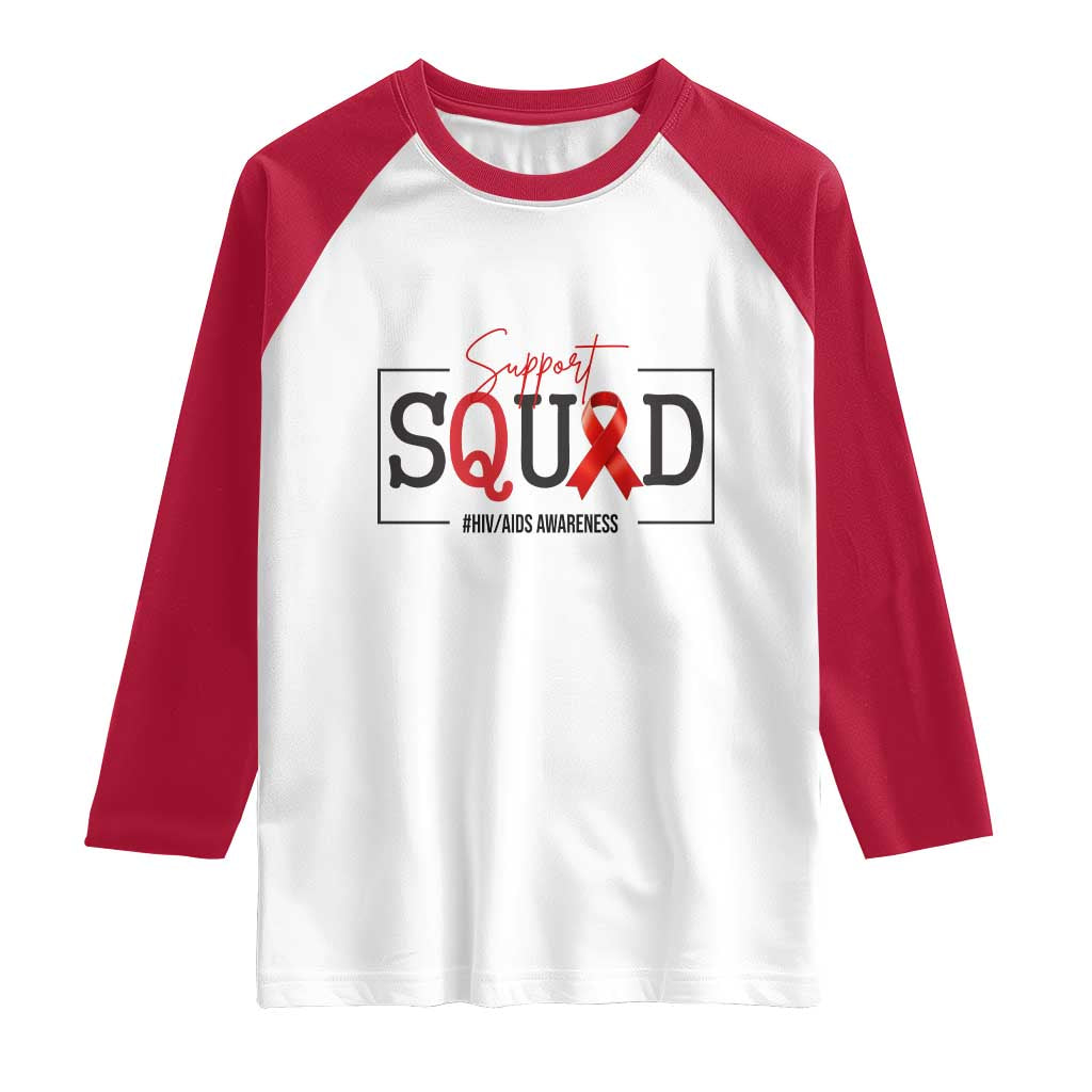 Support Squad Red Ribbon HIV AIDS Awareness Month Gift Raglan Shirt - Wonder Print Shop