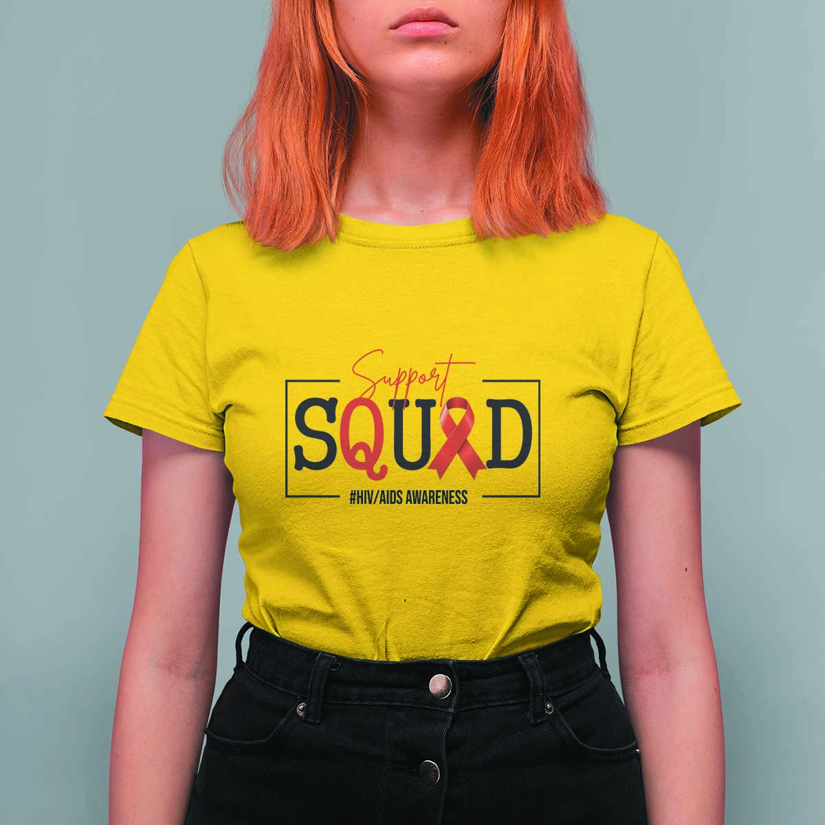 Support Squad Red Ribbon HIV AIDS Awareness Month Gift T Shirt For Women - Wonder Print Shop