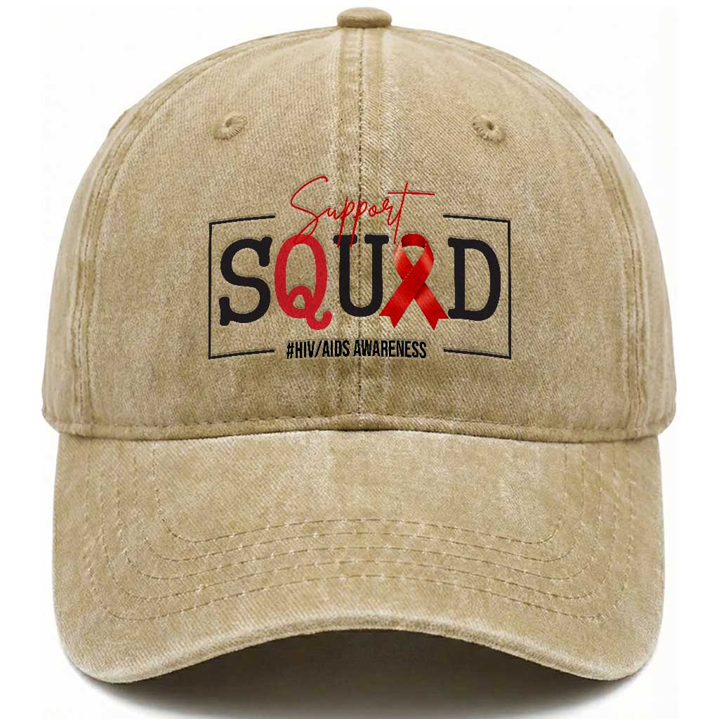 Support Squad Red Ribbon HIV AIDS Awareness Month Gift Washed Cotton Baseball Cap