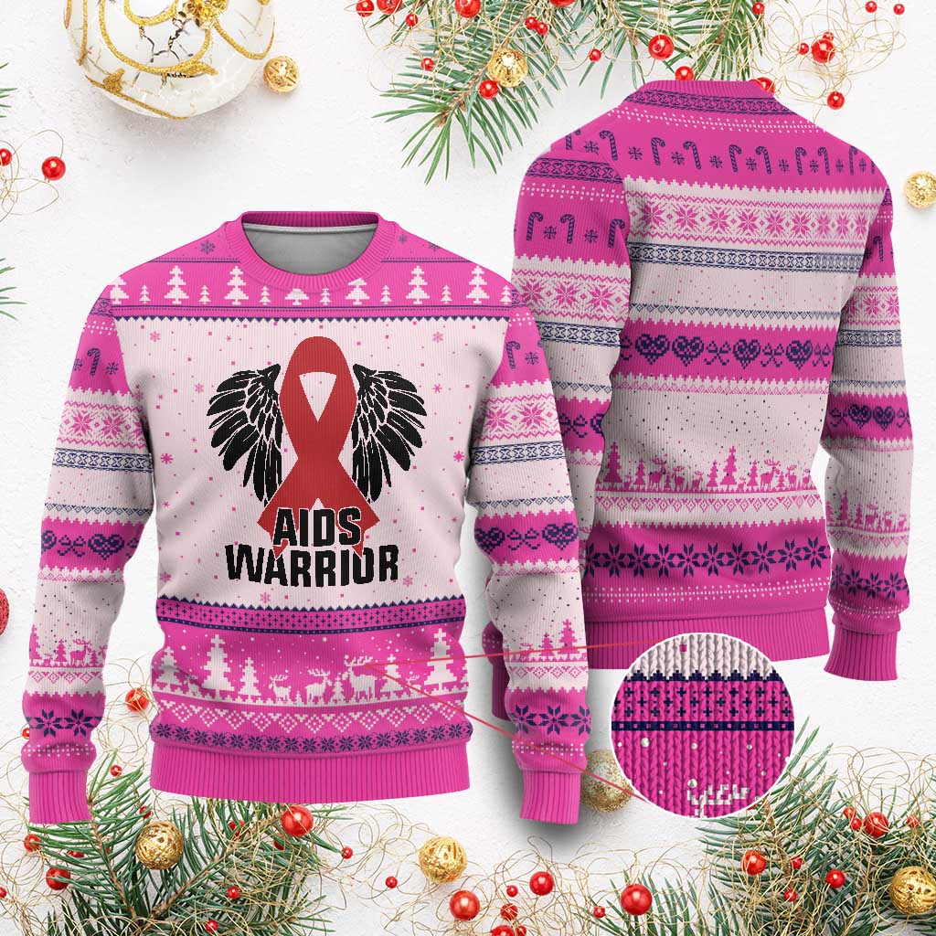 Aids Warrior Ugly Christmas Sweater Red Ribbon HIV Awareness Gift - Wonder Print Shop