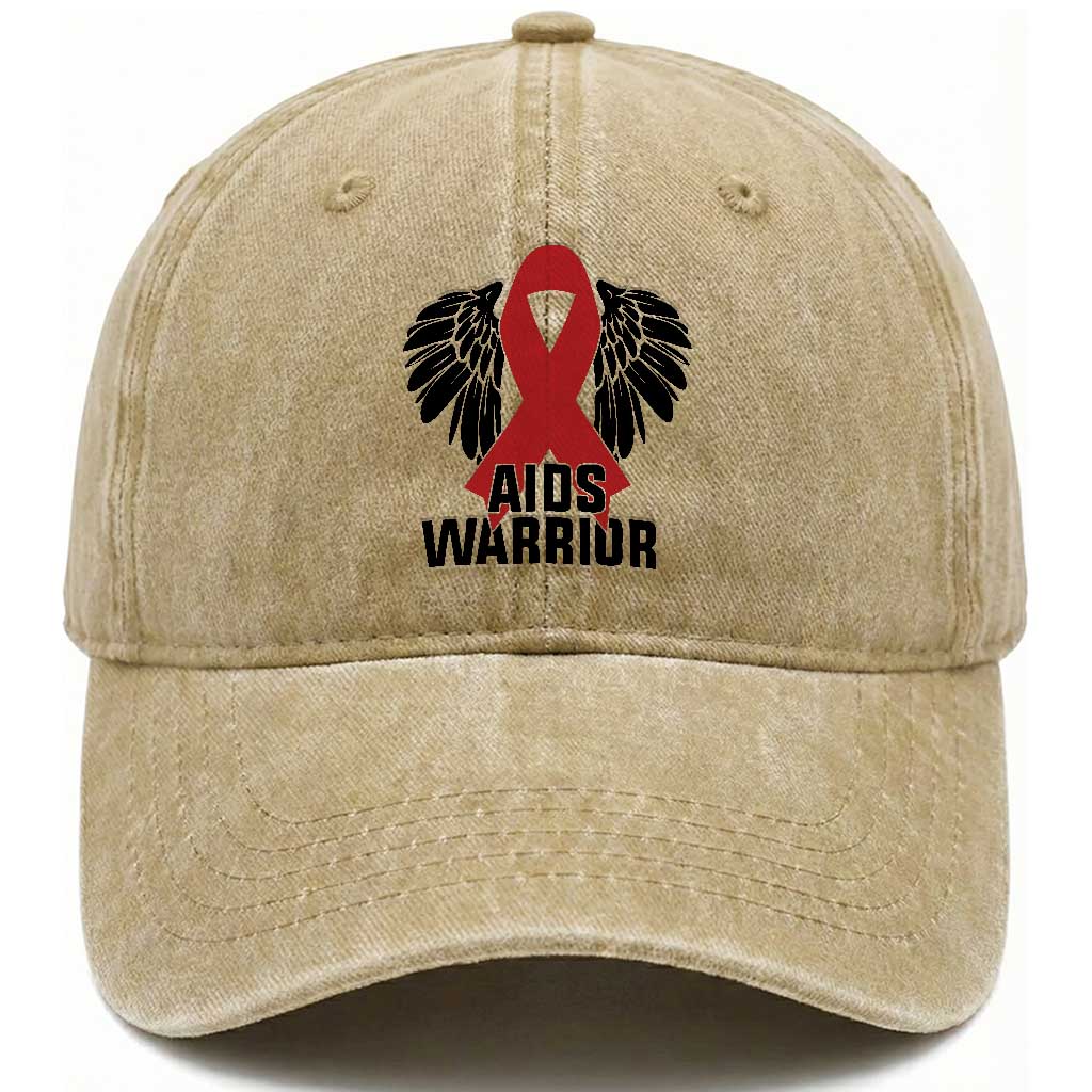 Aids Warrior Washed Cotton Baseball Cap Red Ribbon HIV Awareness Gift