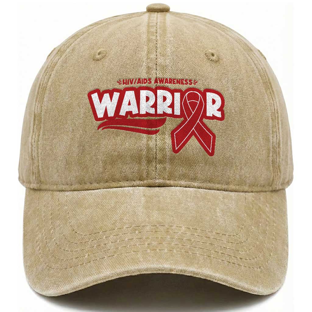 HIV Awareness Warrior Washed Cotton Baseball Cap Red Ribbon Support Gift