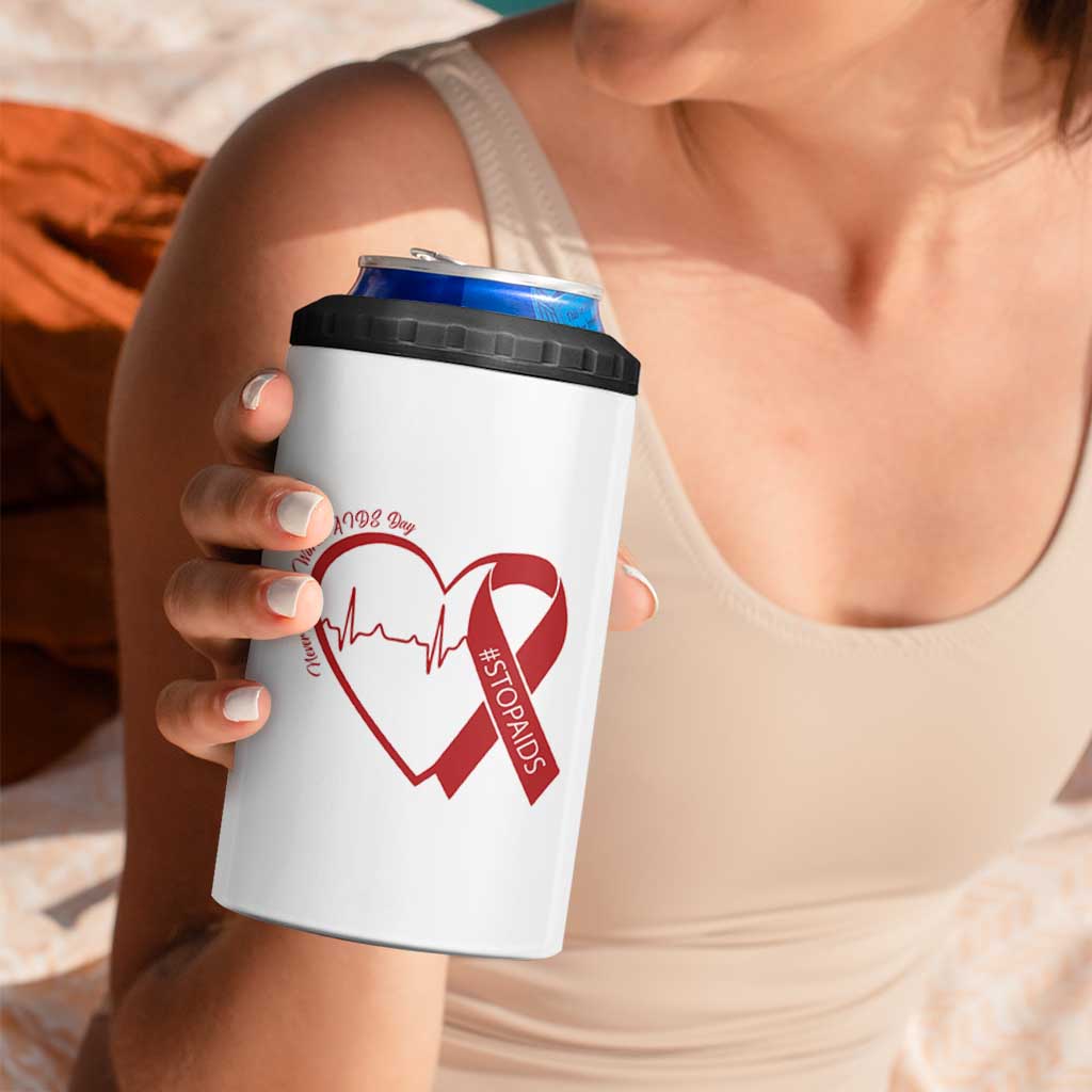 Never Forget World AIDS Day 4 in 1 Can Cooler Tumbler Red Ribbon HIV Awareness Gift - Wonder Print Shop