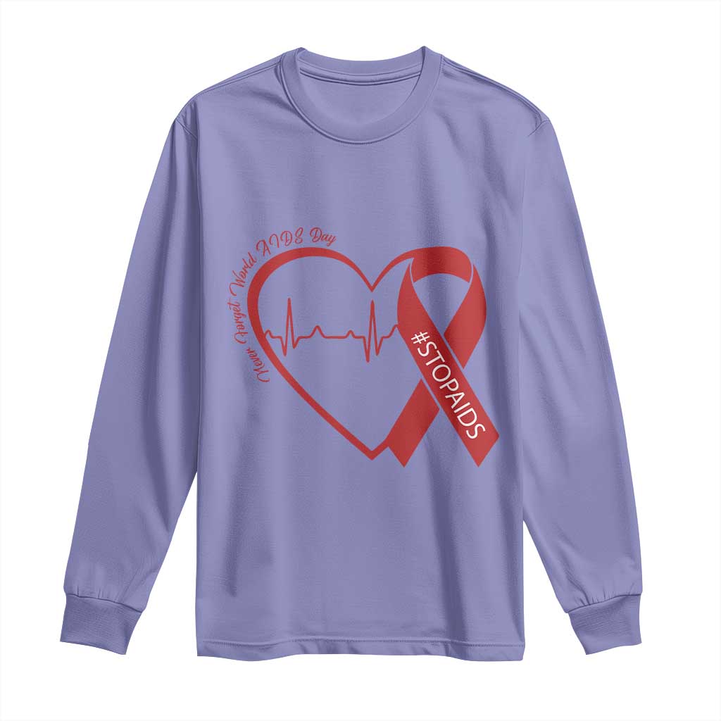 Never Forget World AIDS Day Long Sleeve Shirt Red Ribbon HIV Awareness Gift - Wonder Print Shop