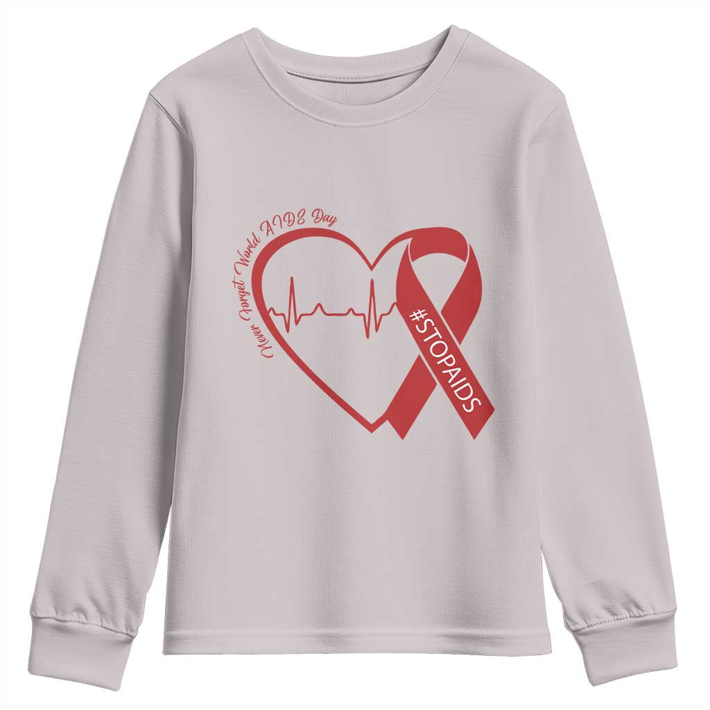 Never Forget World AIDS Day Youth Sweatshirt Red Ribbon HIV Awareness Gift - Wonder Print Shop