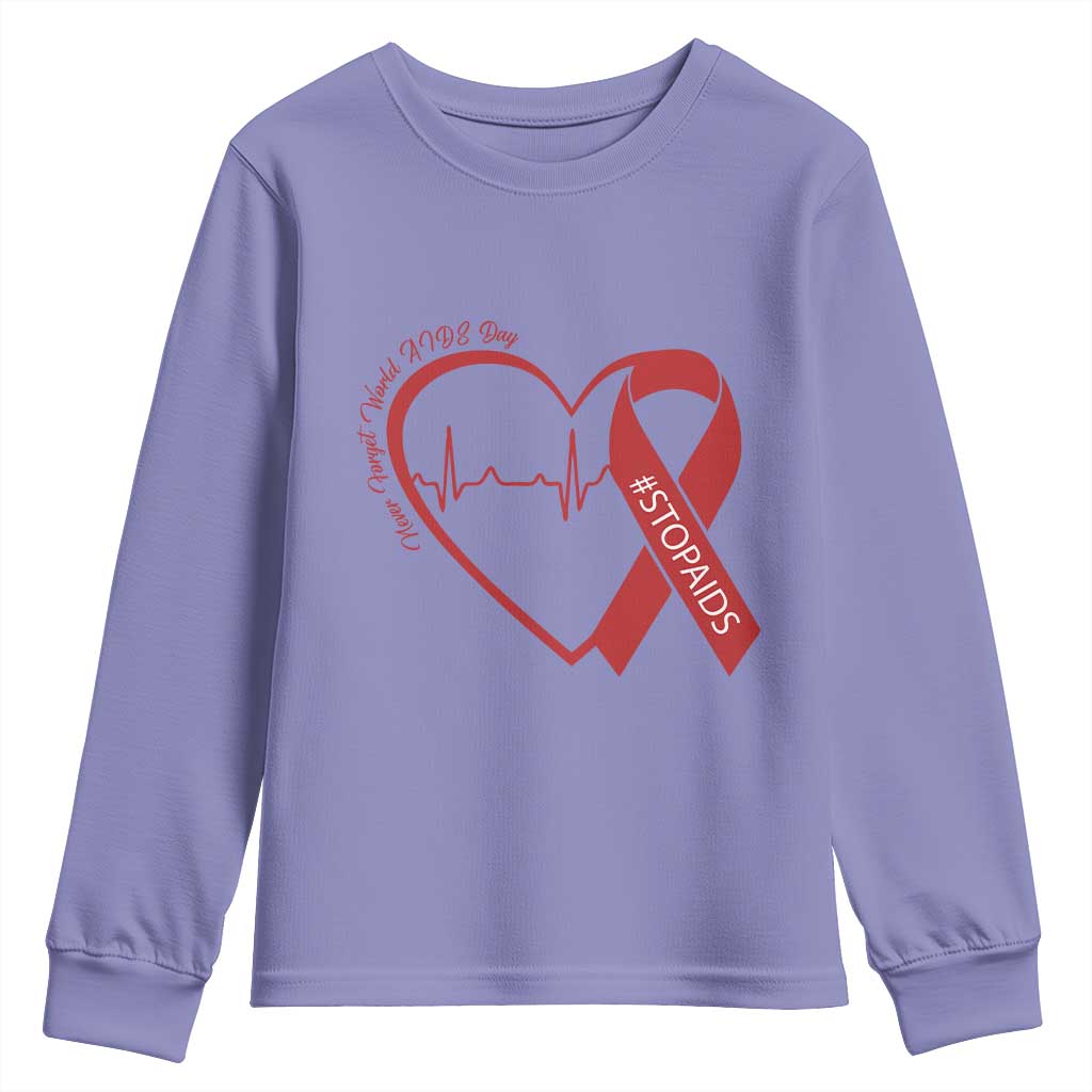 Never Forget World AIDS Day Youth Sweatshirt Red Ribbon HIV Awareness Gift - Wonder Print Shop