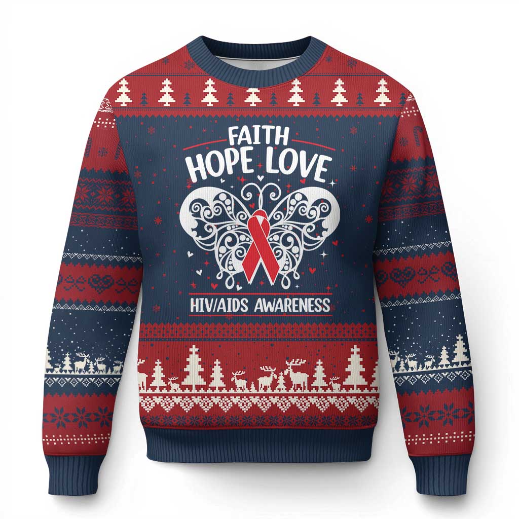 Red Ribbon Faith Hope Love Ugly Christmas Sweater World AIDS Day Gift - Wonder Print Shop