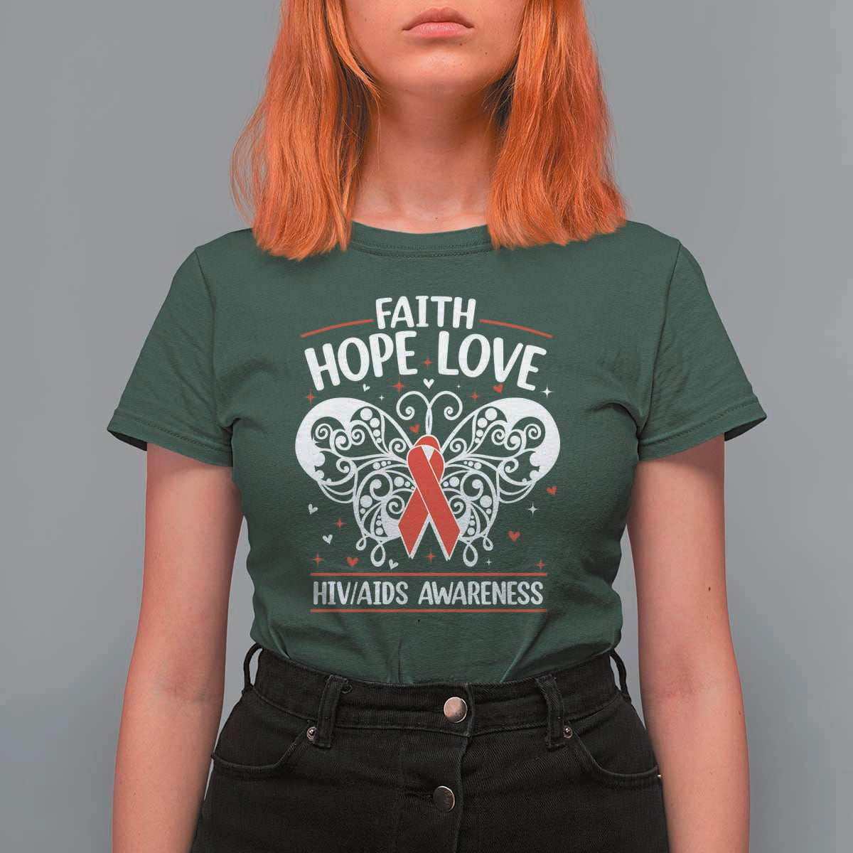 Red Ribbon Faith Hope Love T Shirt For Women World AIDS Day Gift - Wonder Print Shop