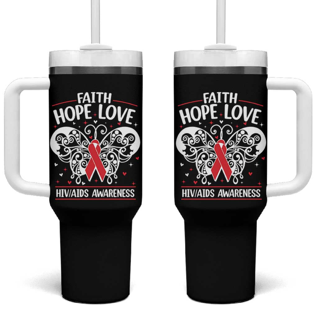 Red Ribbon Faith Hope Love Tumbler With Handle World AIDS Day Gift - Wonder Print Shop