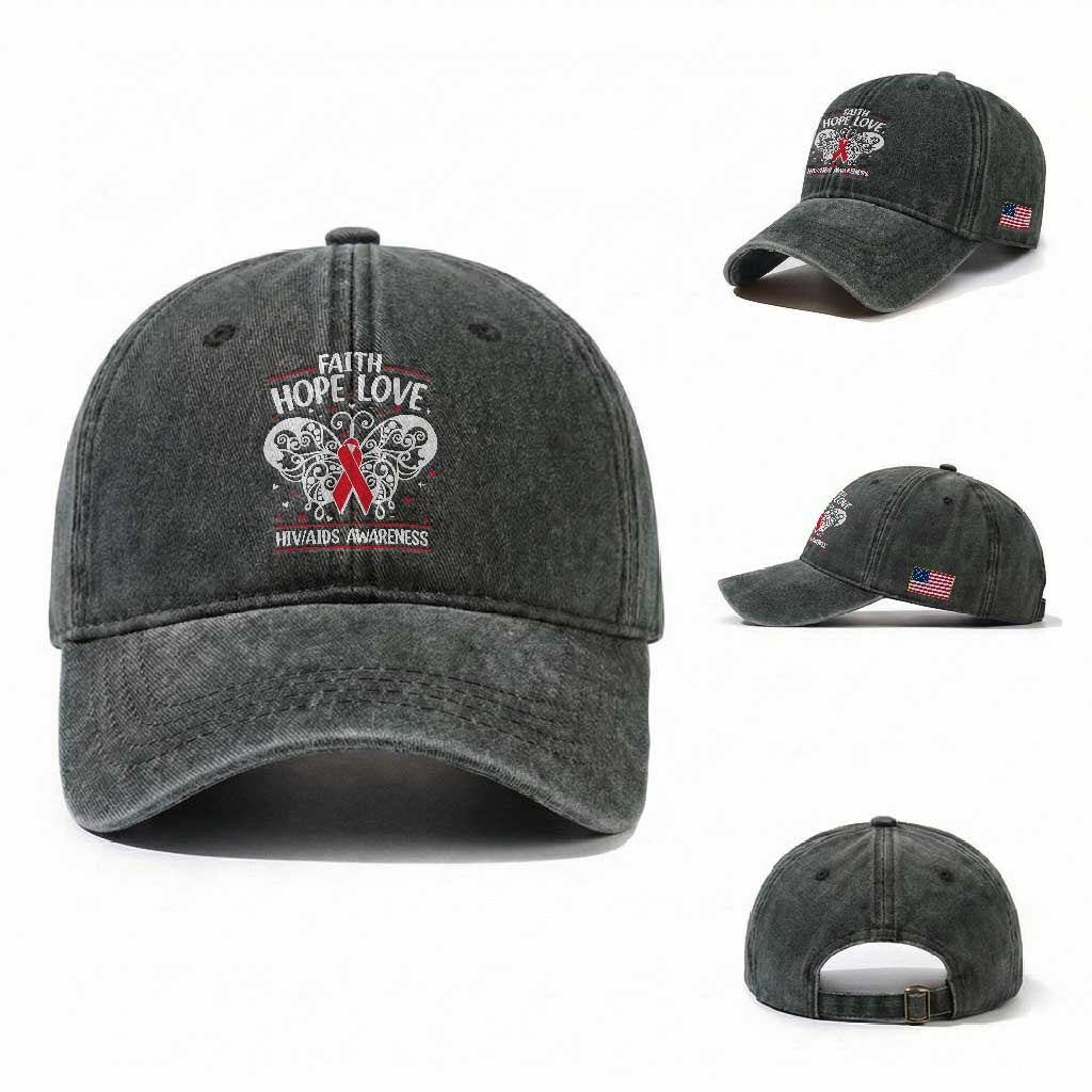 Red Ribbon Faith Hope Love Washed Cotton Baseball Cap World AIDS Day Gift