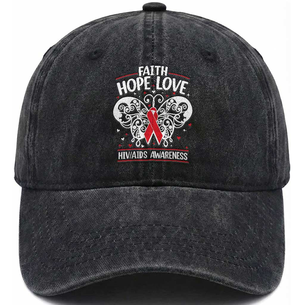 Red Ribbon Faith Hope Love Washed Cotton Baseball Cap World AIDS Day Gift