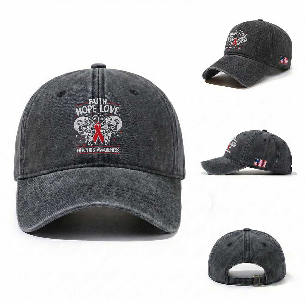 Red Ribbon Faith Hope Love Washed Cotton Baseball Cap World AIDS Day Gift