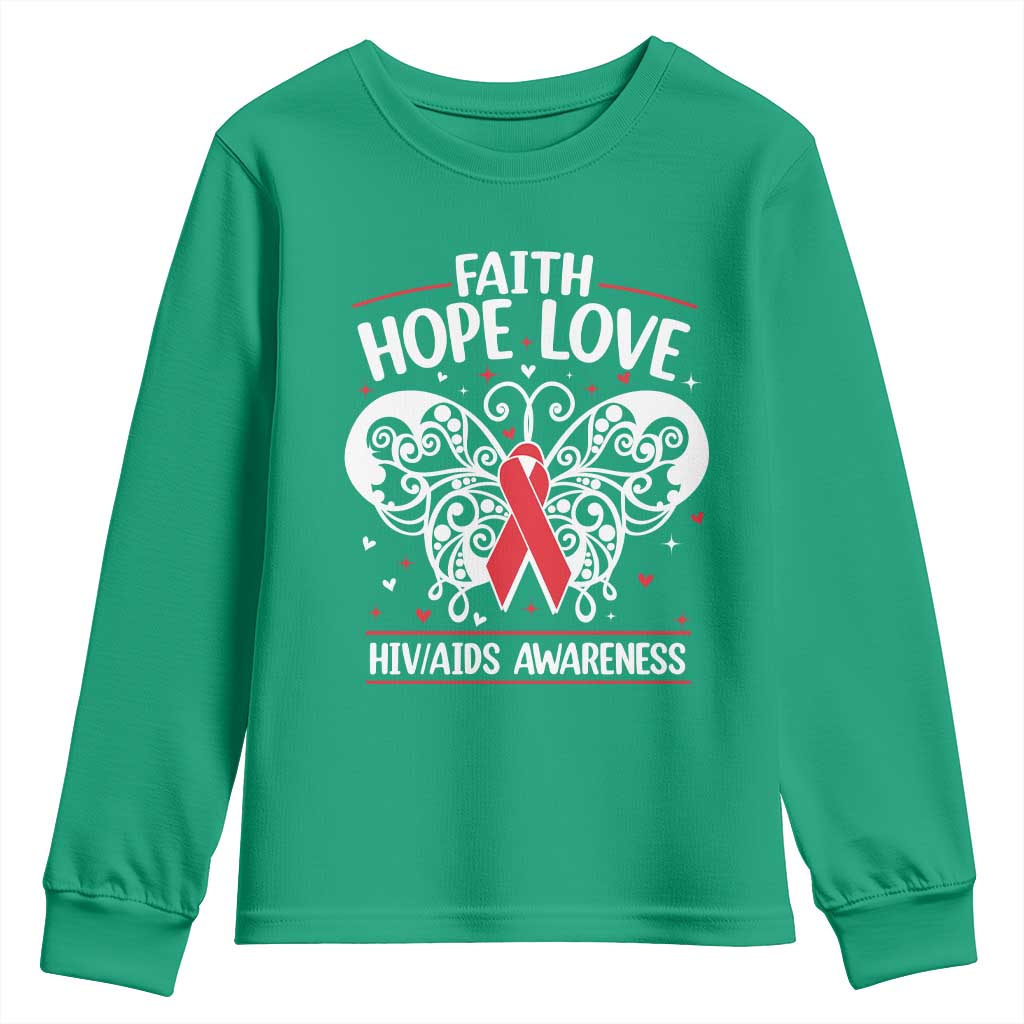 Red Ribbon Faith Hope Love Youth Sweatshirt World AIDS Day Gift - Wonder Print Shop