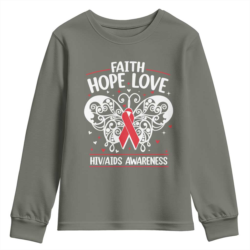 Red Ribbon Faith Hope Love Youth Sweatshirt World AIDS Day Gift - Wonder Print Shop