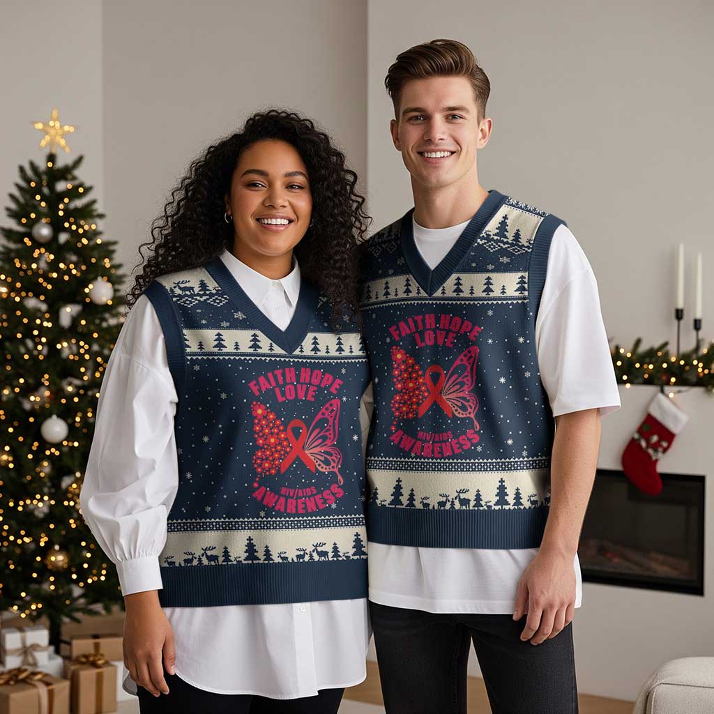 Faith Hope Love HIV Butterfly V-Neck Knit Sweater Vest Awareness Month Gift - Wonder Print Shop
