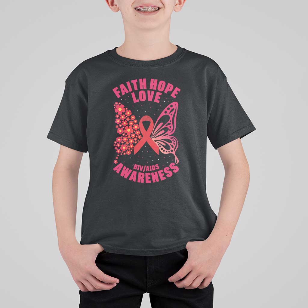 Faith Hope Love HIV Butterfly T Shirt For Kid Awareness Month Gift - Wonder Print Shop