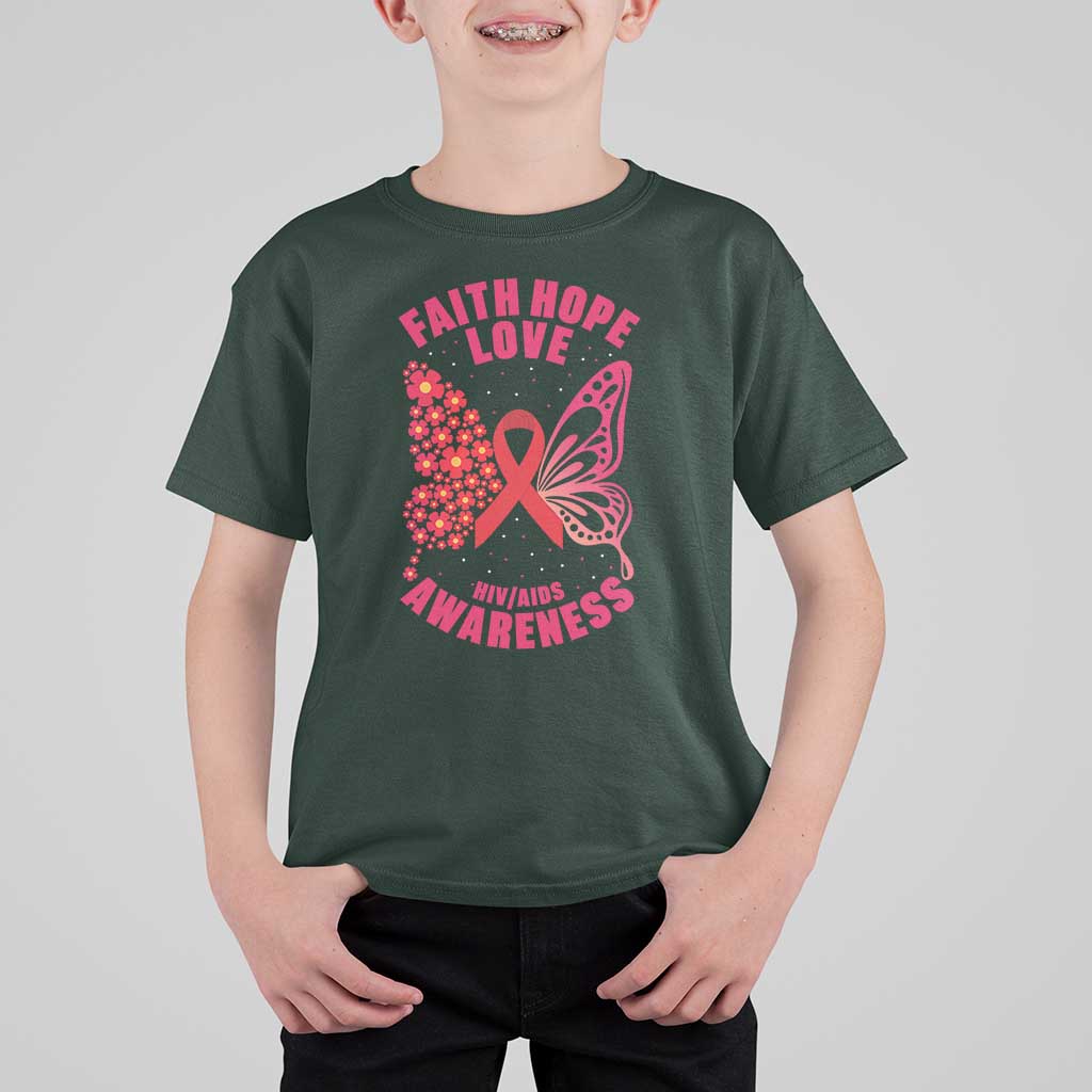 Faith Hope Love HIV Butterfly T Shirt For Kid Awareness Month Gift - Wonder Print Shop