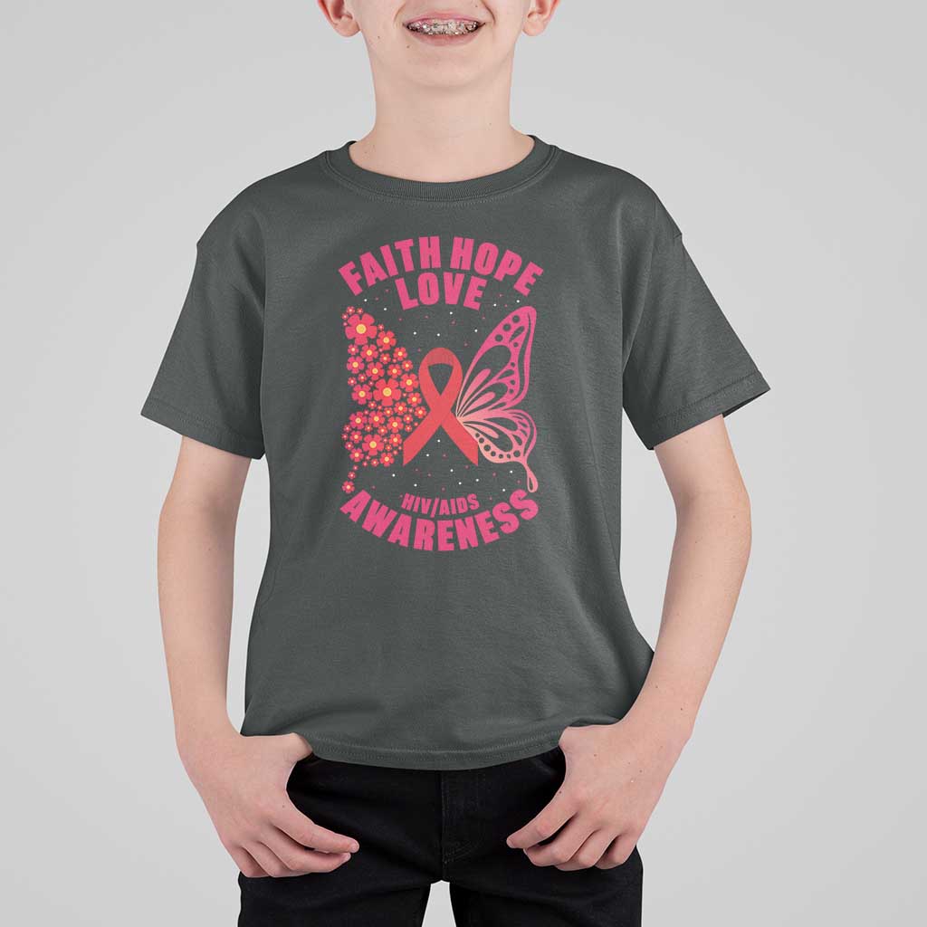 Faith Hope Love HIV Butterfly T Shirt For Kid Awareness Month Gift - Wonder Print Shop