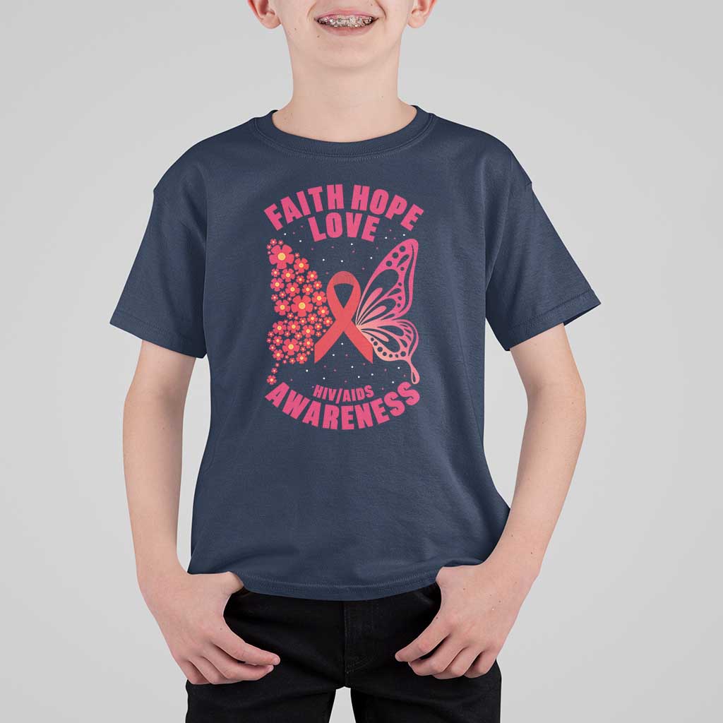 Faith Hope Love HIV Butterfly T Shirt For Kid Awareness Month Gift - Wonder Print Shop
