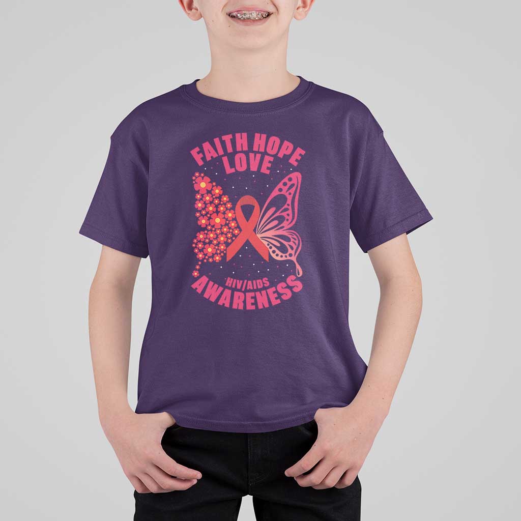 Faith Hope Love HIV Butterfly T Shirt For Kid Awareness Month Gift - Wonder Print Shop
