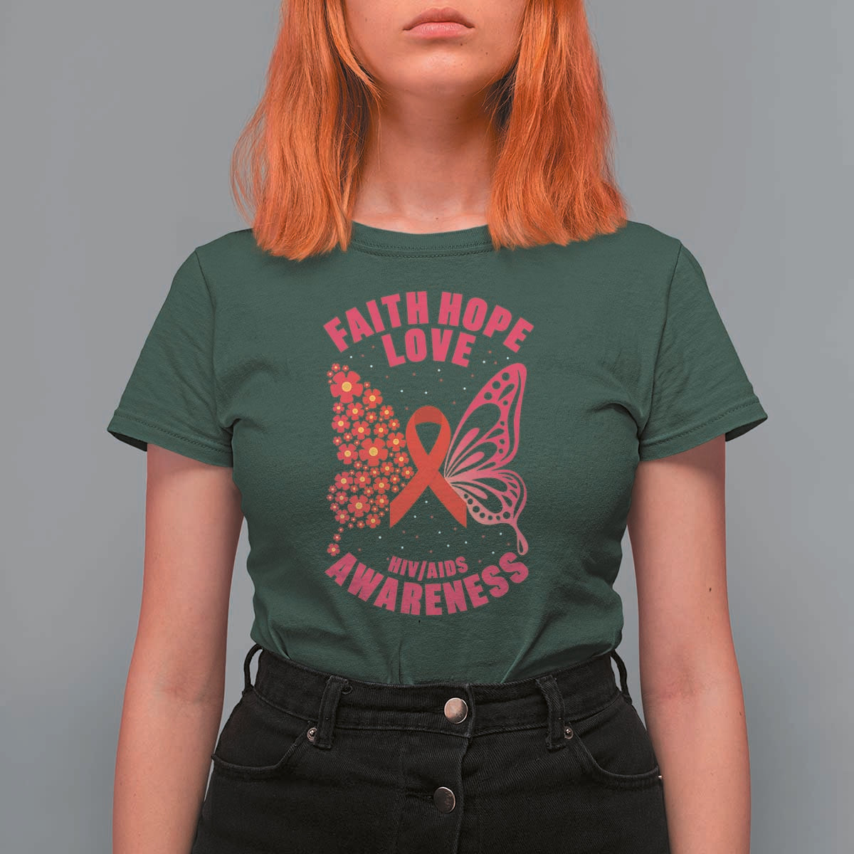 Faith Hope Love HIV Butterfly T Shirt For Women Awareness Month Gift - Wonder Print Shop